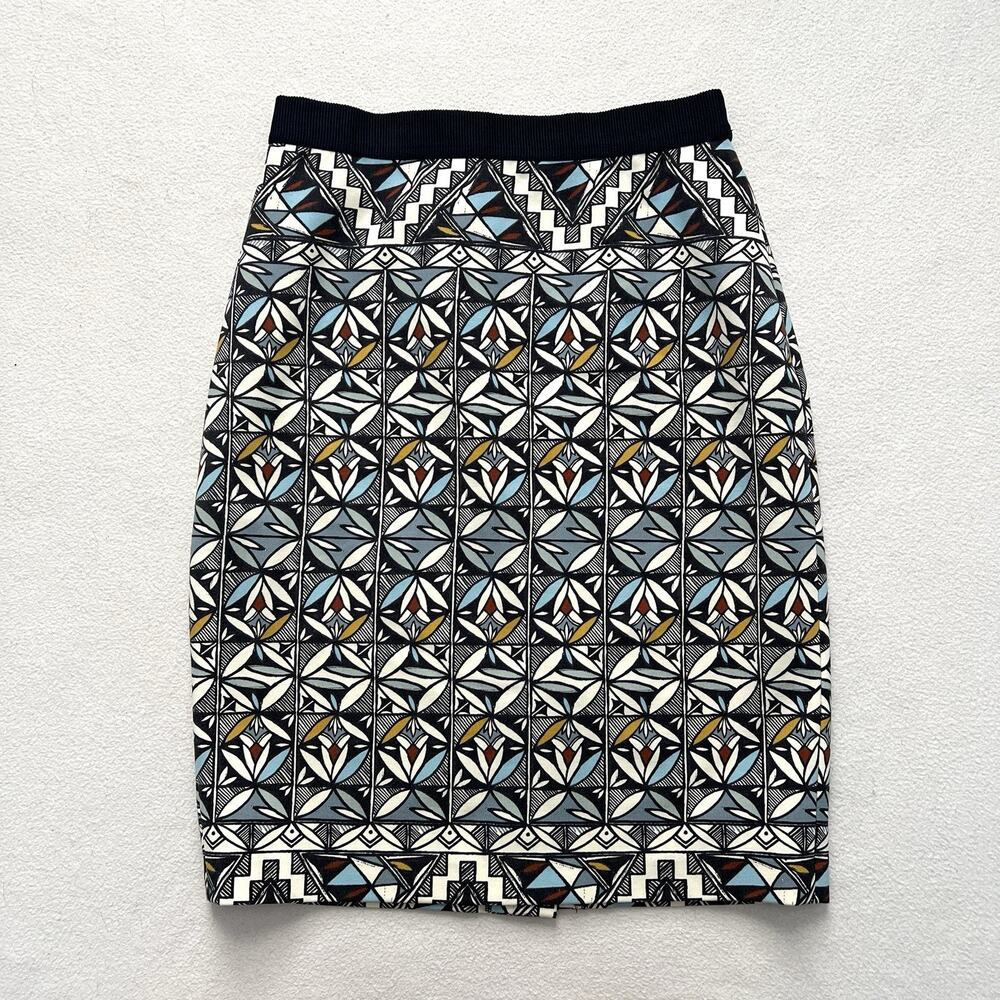 Tory Burch Riviera Blue Acoma Tile Geometric Print Ponte Knit Pencil Skirt XS
